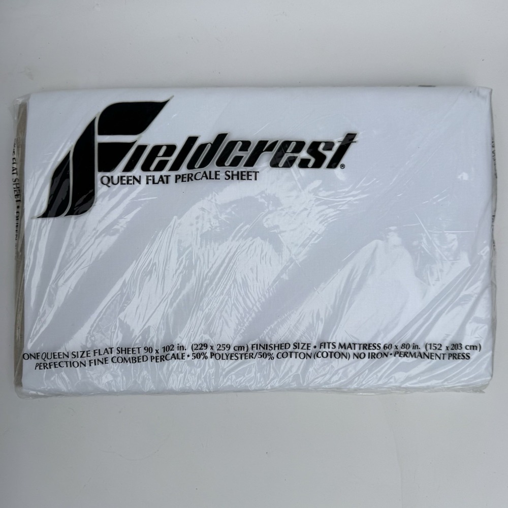 VTG Fieldcrest Sheet White No-Iron Percale Queen Flat Sheet NIP Cotton Polyester